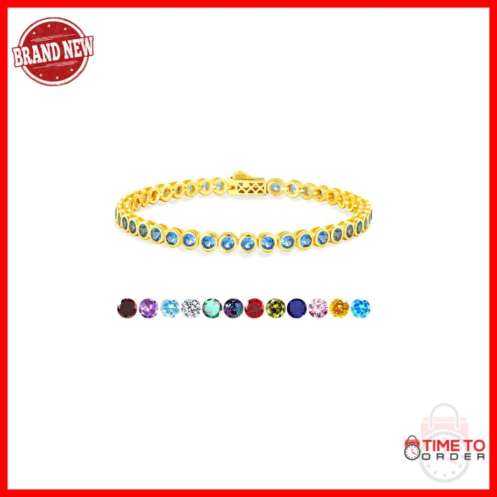 Sterling Silver Gold Plated Tennis Bracelet Bezel Setting Cubic Zirconia Elegant